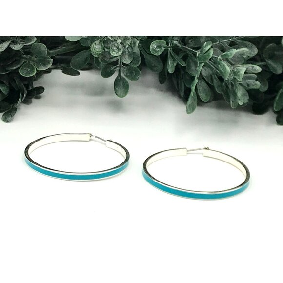 Silver Tone Hoop Earrings With Aqua Enamel Accent - Picture 1 of 7